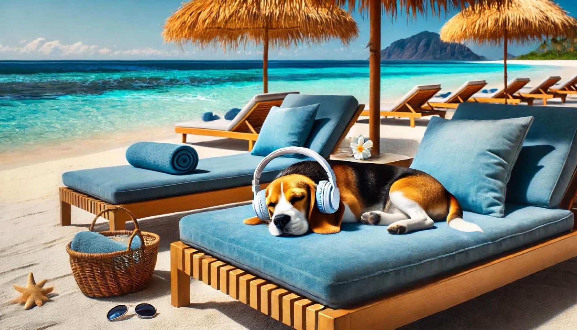 Beach Beagle with Stress-Relief Soft Rock - Calming Dog Music