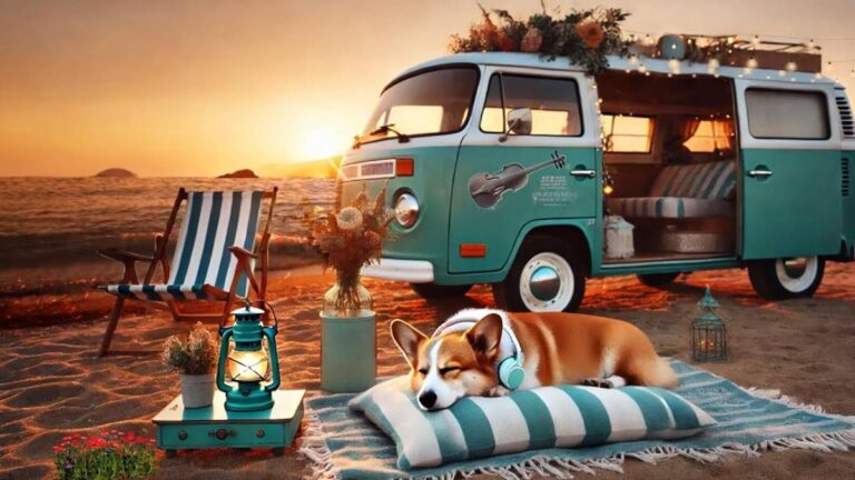 Sunset Beach Camping with a Welsh Corgi - Relaxing Dog Music with Ocean Waves