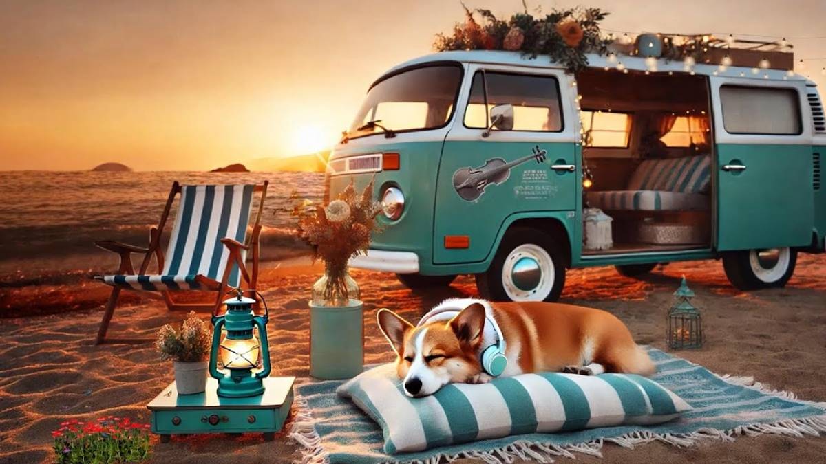 Sunset Beach Camping with a Welsh Corgi - Relaxing Dog Music with Ocean Waves