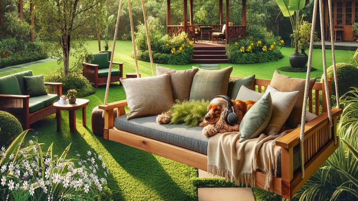 Relaxing Music for Dogs-Cocker Spaniel Enjoys Nature Sounds & Piano Classics on a Garden Swing