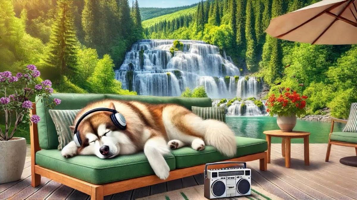 Healing Music for Dogs - Waterfall Sounds and Classical Piano with Malamute