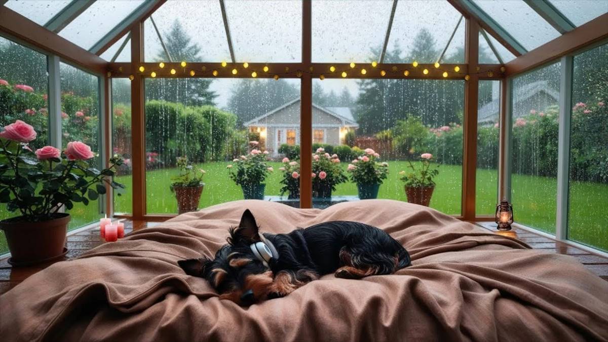 Relaxing Piano Classics & Rain Sounds for Dogs - Cozy Rainy Day Sleep with Yorkshire Terrier