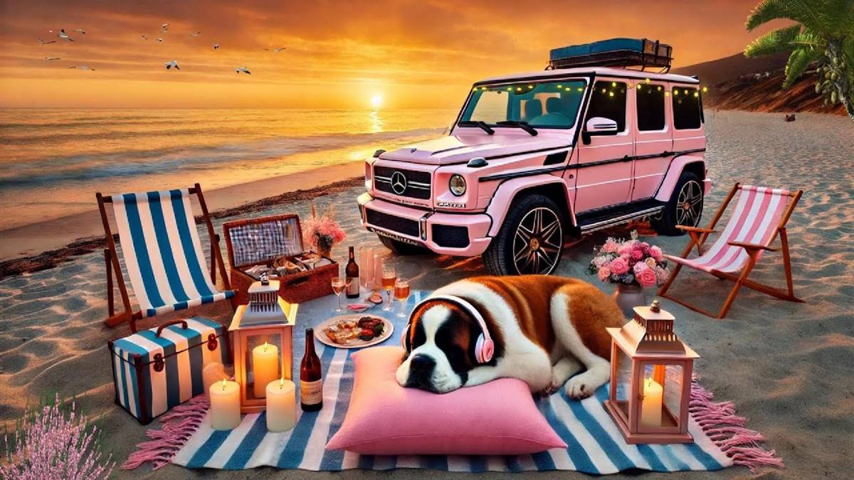 Saint Bernard Puppy ASMR - Beach Camping Relaxation with Waves, Piano & Sunset