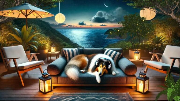 Soothing Dog Music - Classical Piano & Ocean Waves on a Terrace with a Sleeping Collie