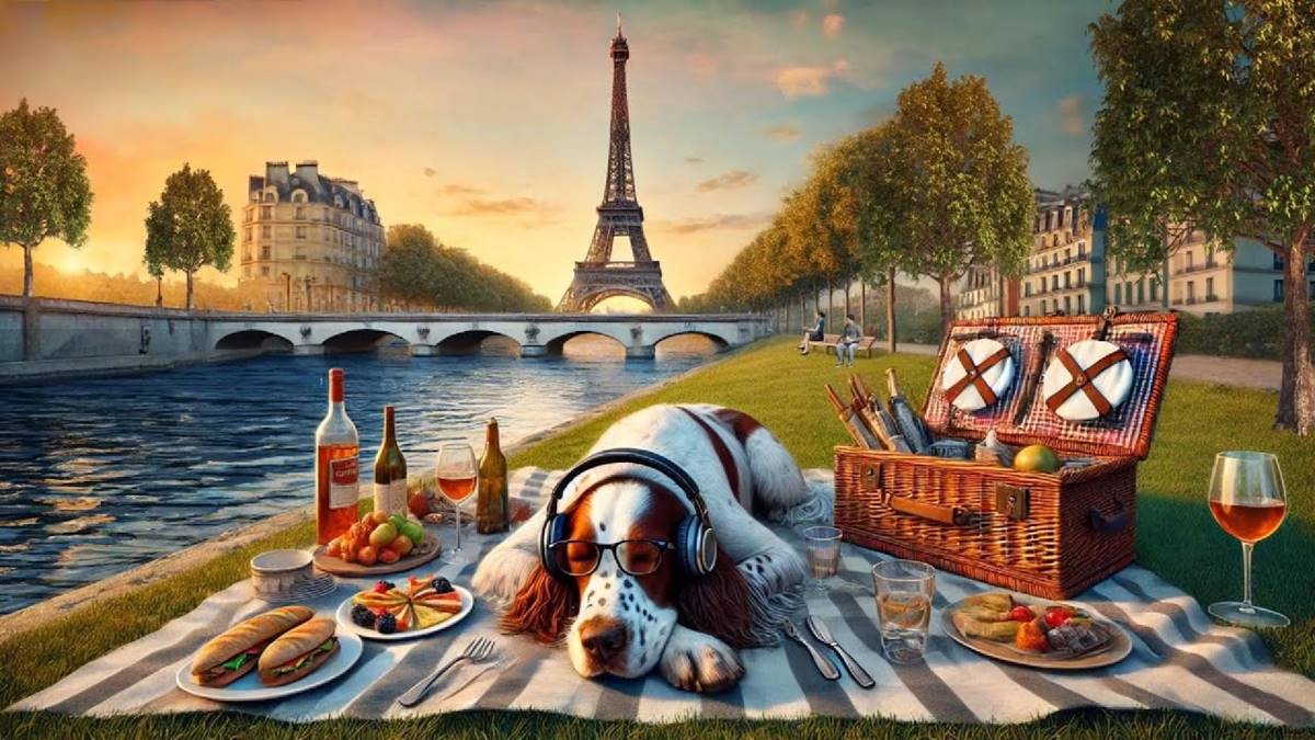 Sunset Picnic with Your Dog at the Eiffel Tower 🐶🎵✨ - Relaxing River Sounds & Calming Piano Music