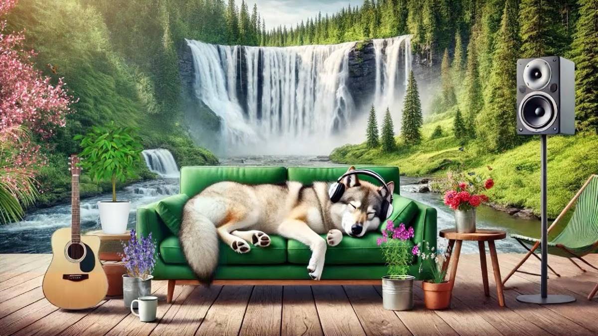 Wolfdog Relaxation ASMR - Tranquil Sleep with Waterfall, Birdsong & Piano