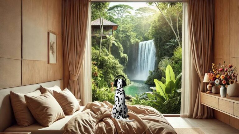 A Dalmatian dog peacefully relaxing in a cozy room with a waterfall and forest in the background, listening to calming piano music.